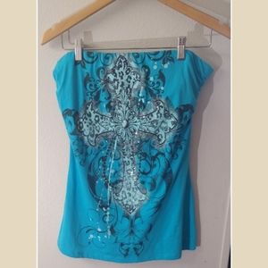 Turquoise Strapless tee w/Cross graphic